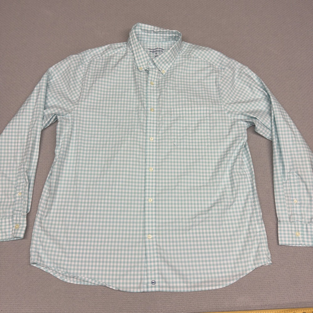 Vineyard Vines Shirt Mens XL Teal Gingham Plaid Performance Cotton brrr Preppy